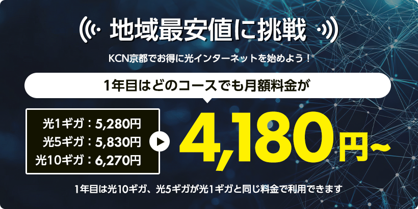 地域最安値に挑戦 KCN京都でお得に光インターネットを始めよう！1年目はどのコースでも月額料金(光1ギガ：5,280円、光5ギガ：5,830円、光10ギガ：6,270円)が4,180円～1年目は光10ギガ、光5ギガが光1ギガと同じ料金で利用できます